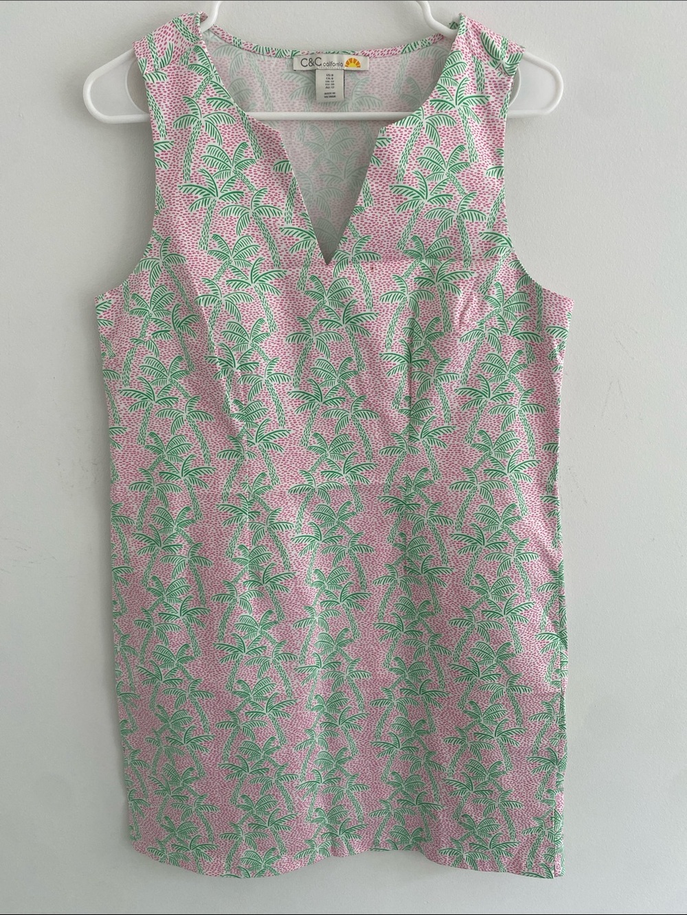 C&C California Cotton Sleeveless V Neck Palm Print Midi Shift Dress Pink Green 8